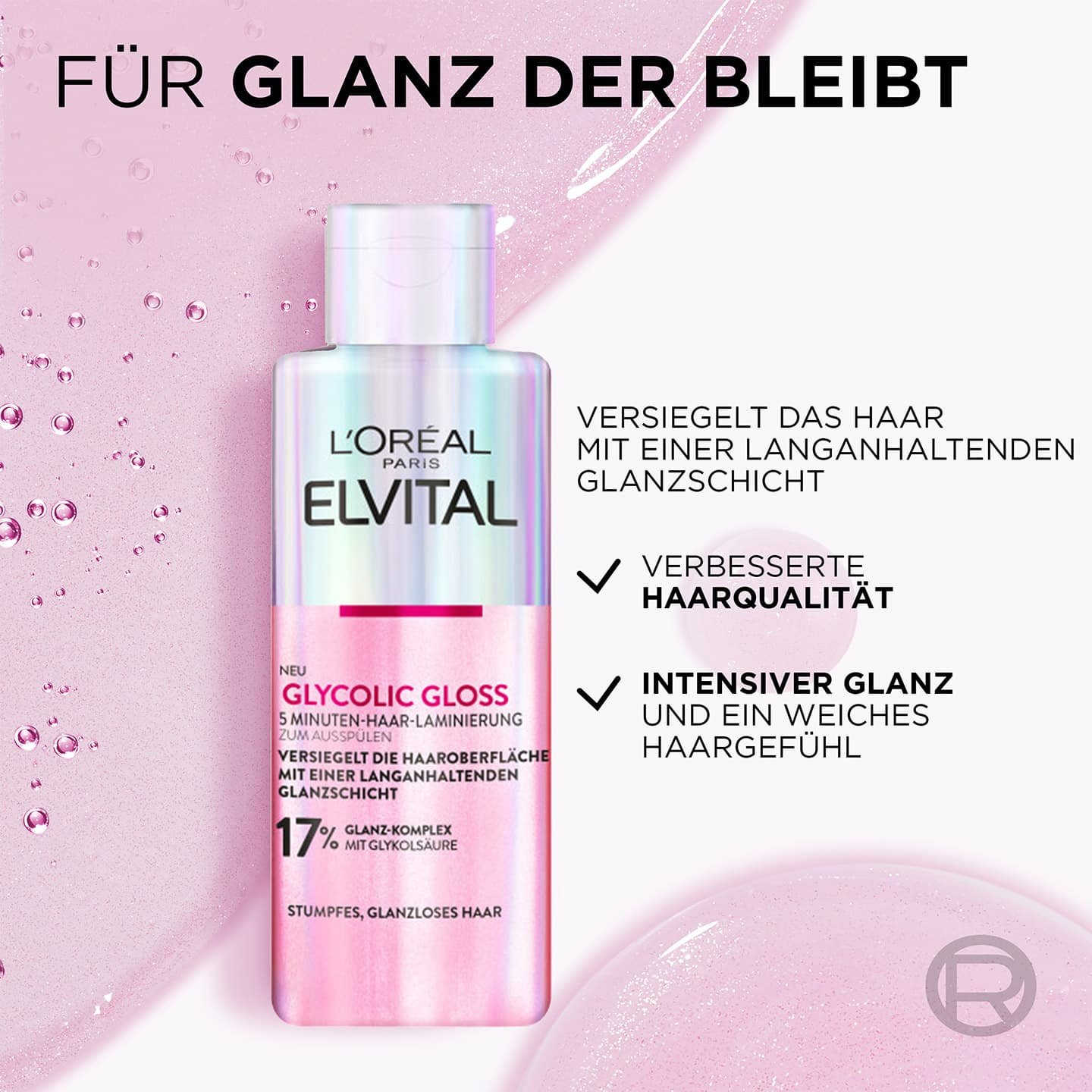 Elvital Glycolic Gloss Laminierung Produktabbildung plus positive Eigenschaften der Haar-Laminierung